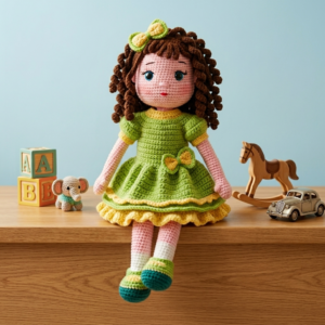 Ръчно плетена кукла Цветелина със зелена рокля / Hand knitten doll with green dress
