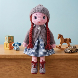 Ръчно плетена кукла София със сива желетка и шапка / Hand knitten doll with grey gray cardigan and hat